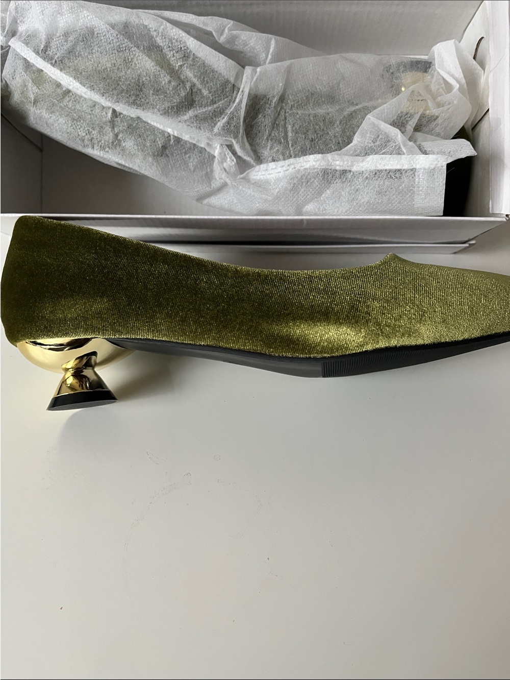 Olive Green Velvet Low Heel Pumps with Sculpted Gold Heel